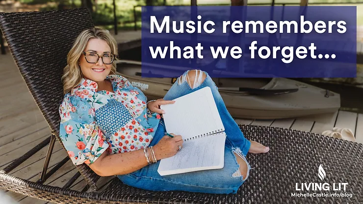 Michelle, smiling with glasses lounges on a wicker chair, writing in a notebook; overlay reads Music remembers what we forget...