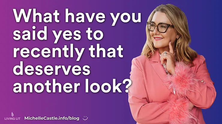 Michelle stands in pink blazer and glasses posing on purple background beside text: What have you said yes to recently that deserves another look?