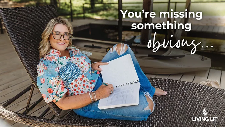 Michelle in glasses, floral shirt, on wicker chair, writing in notebook. Text reads: "You're missing something obvious..."