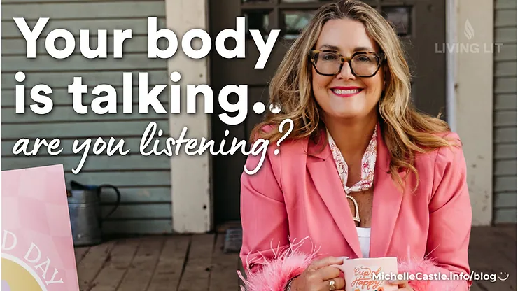 Michelle sits in pink blazer on a porch holding a mug; text reads Your body is talking.. are you listening? 