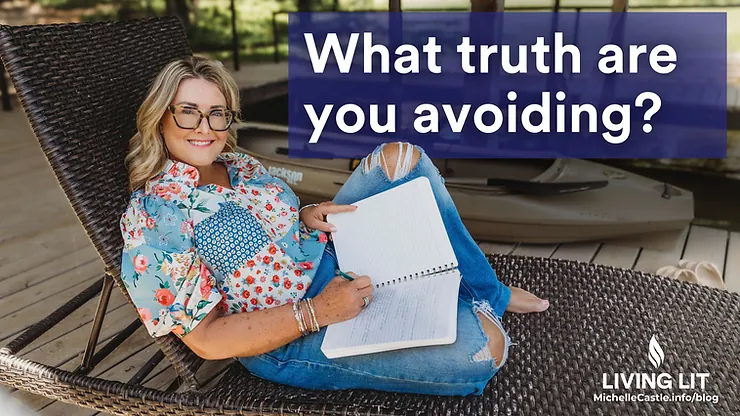 Michelle smiling in glasses lounges on a wicker chair with notebook on a porch; text reads What truth are you avoiding? Living Lit